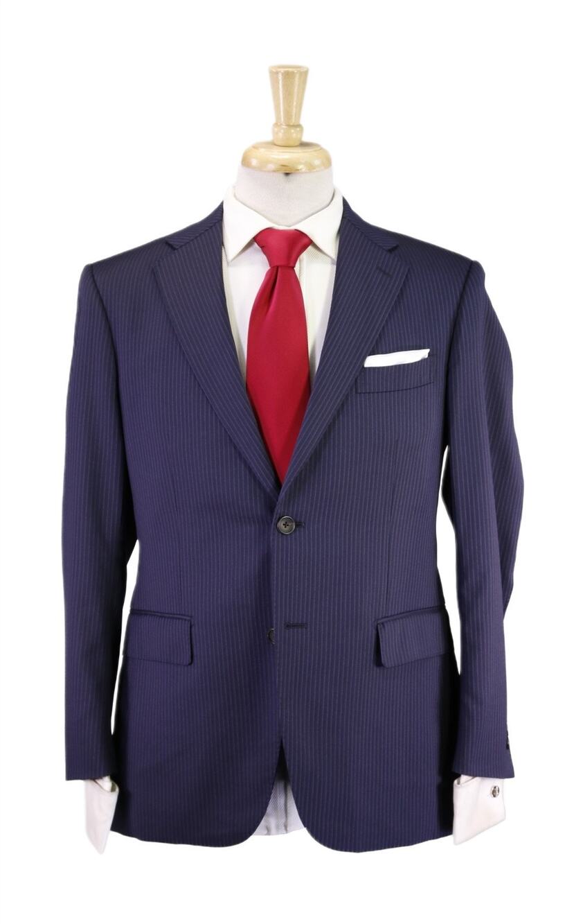 Paul Stuart Navy Blue Purple Striped 2-Btn Wool Modern Fit Suit 38S